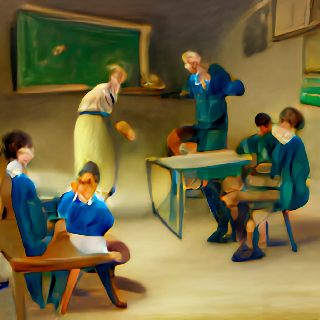 Dall-E -tekoälyn tuottama kuva pyynöllä: "An oil painting of two teachers and some students in a classroom, baffled by an AI that is giving incorrect answers."