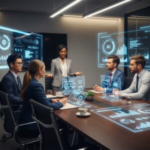 Boardroom with humans making decisions, and AI providing assistance.