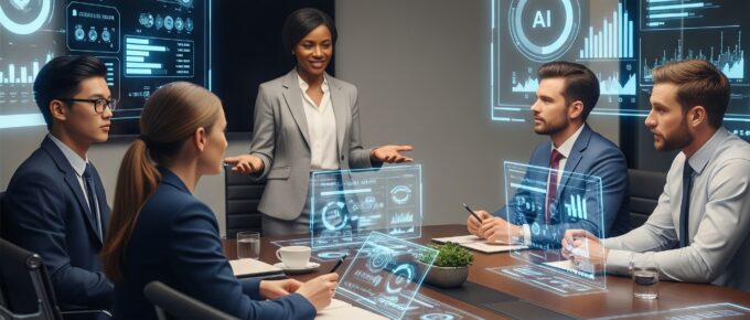 Boardroom with humans making decisions, and AI providing assistance.